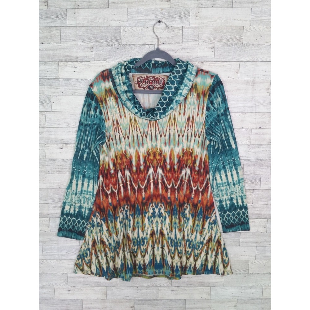 Women's Amma Design Cowl Neck Colorful Tunic Top Knit Blouse Sz Medium M